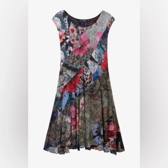 Desigual Karuka Asymmetrical Patchwork Floral Swing Dress - Picture 1 of 11